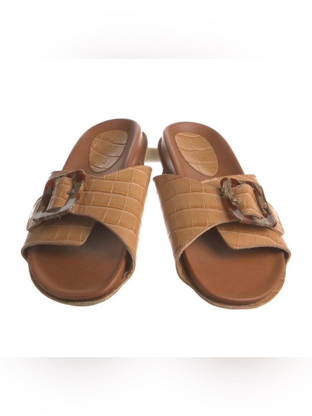 Definery Brown Leather Croc-Embossed Slide Sandals with Buckle, Size 10